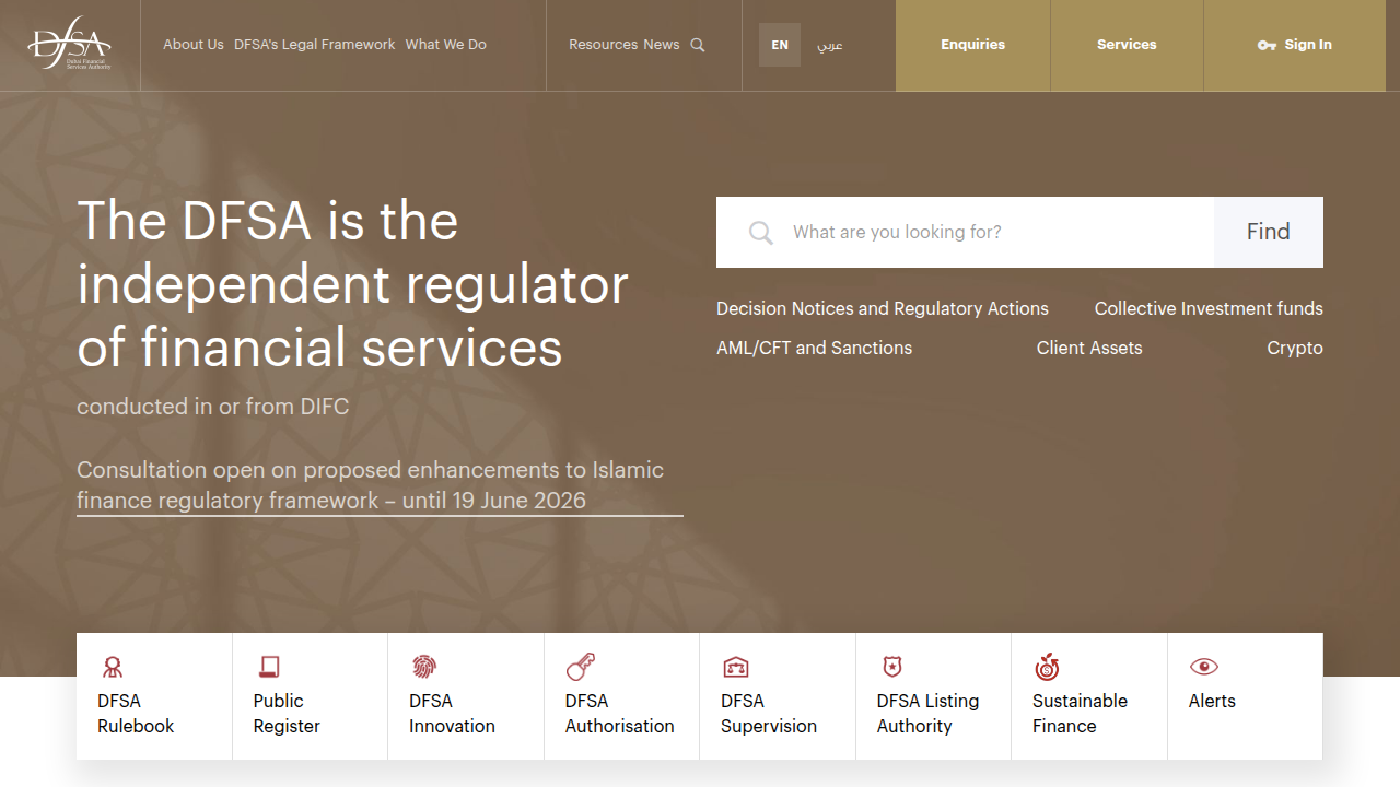 Screenshot of the Dubai Financial Services Authority (DFSA) official website.