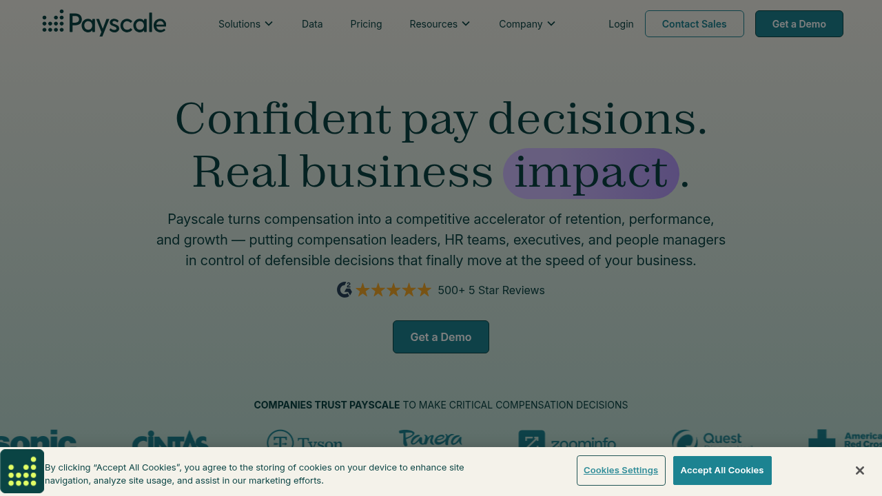 Screenshot of Payscale's homepage, a leading platform for compensation data and salary benchmarking.