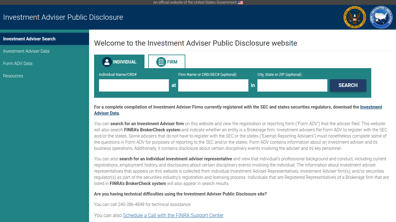 The SEC's Investment Advisor Public Disclosure website, a resource for verifying advisor credentials and regulatory standing.
