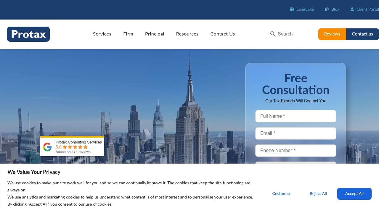 A tax consulting firm's homepage, specializing in expat tax services for individuals living abroad.