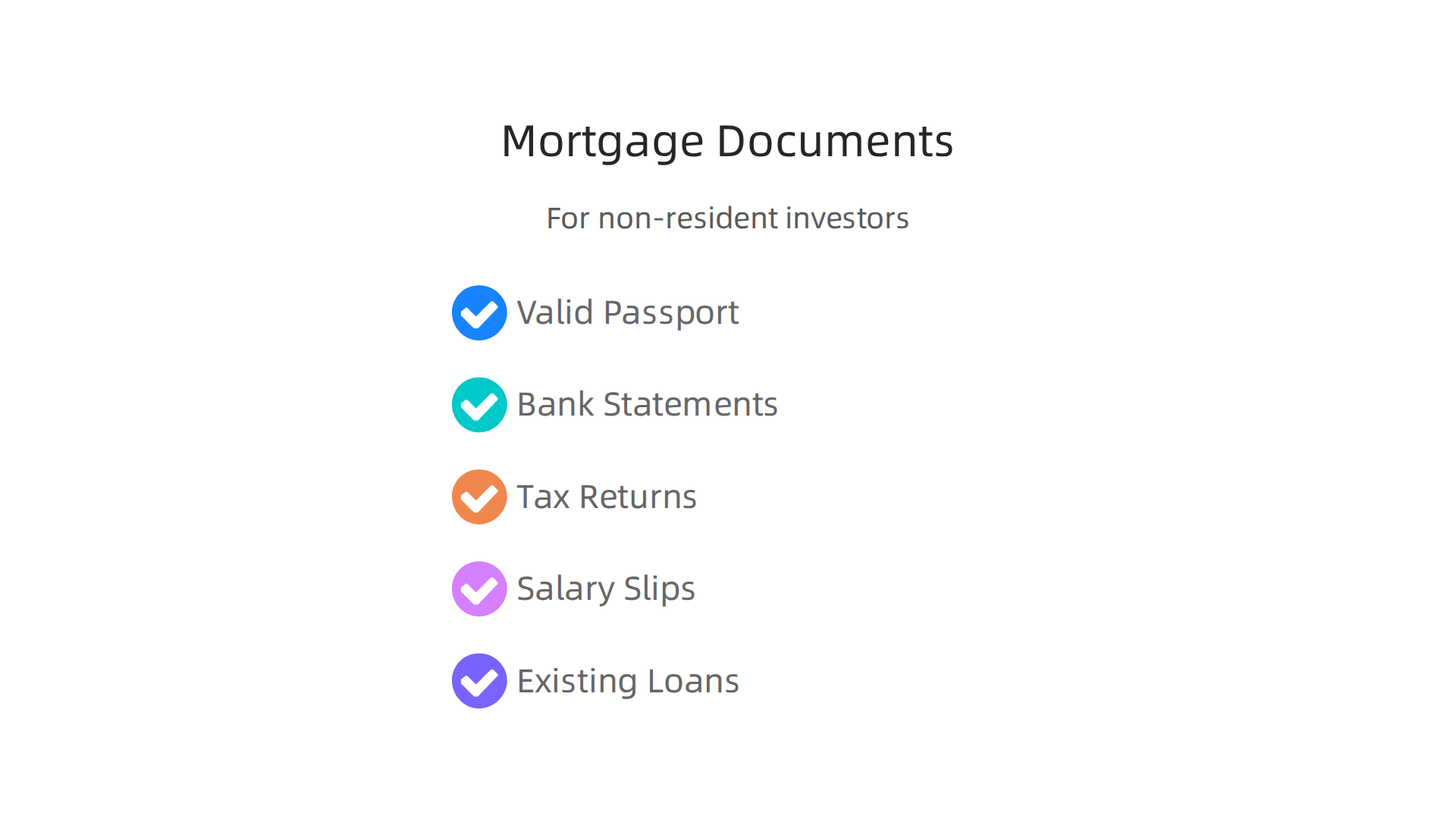 Essential documents required for non-resident investors to apply for a mortgage in Dubai.
