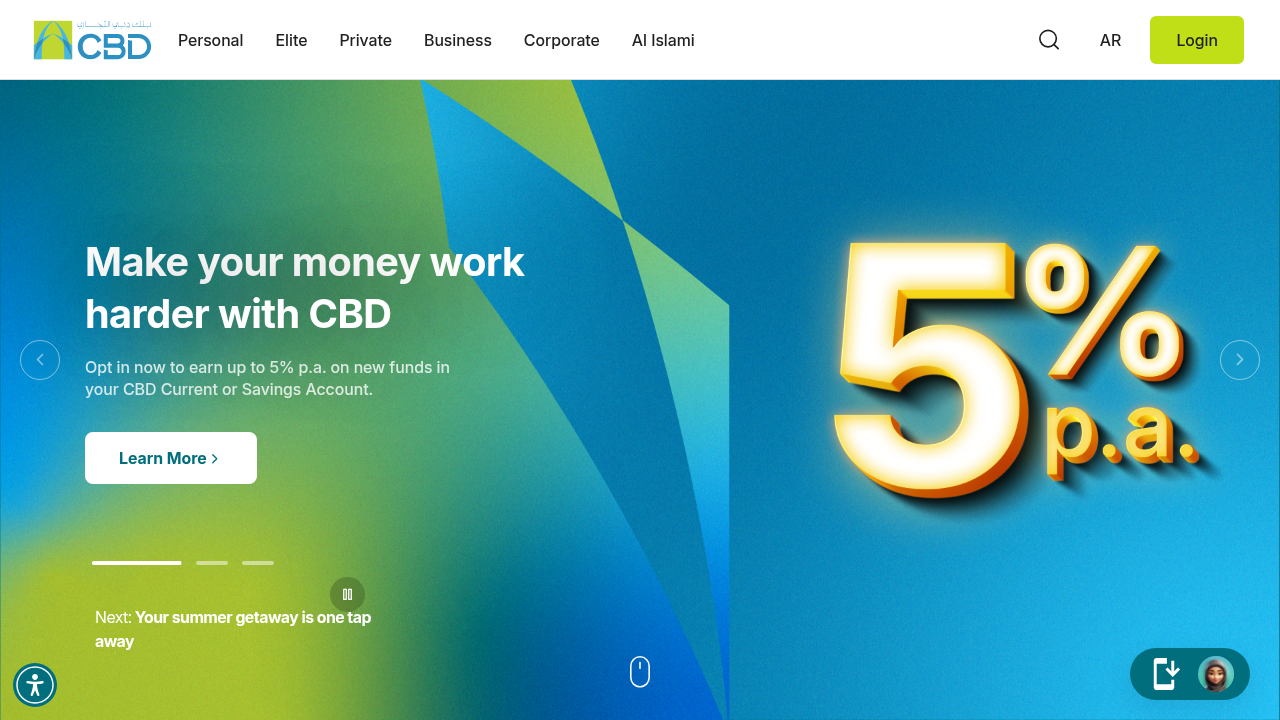 The website for Commercial Bank of Dubai, a local bank providing essential services like ATM access for quick cash deposits and withdrawals.