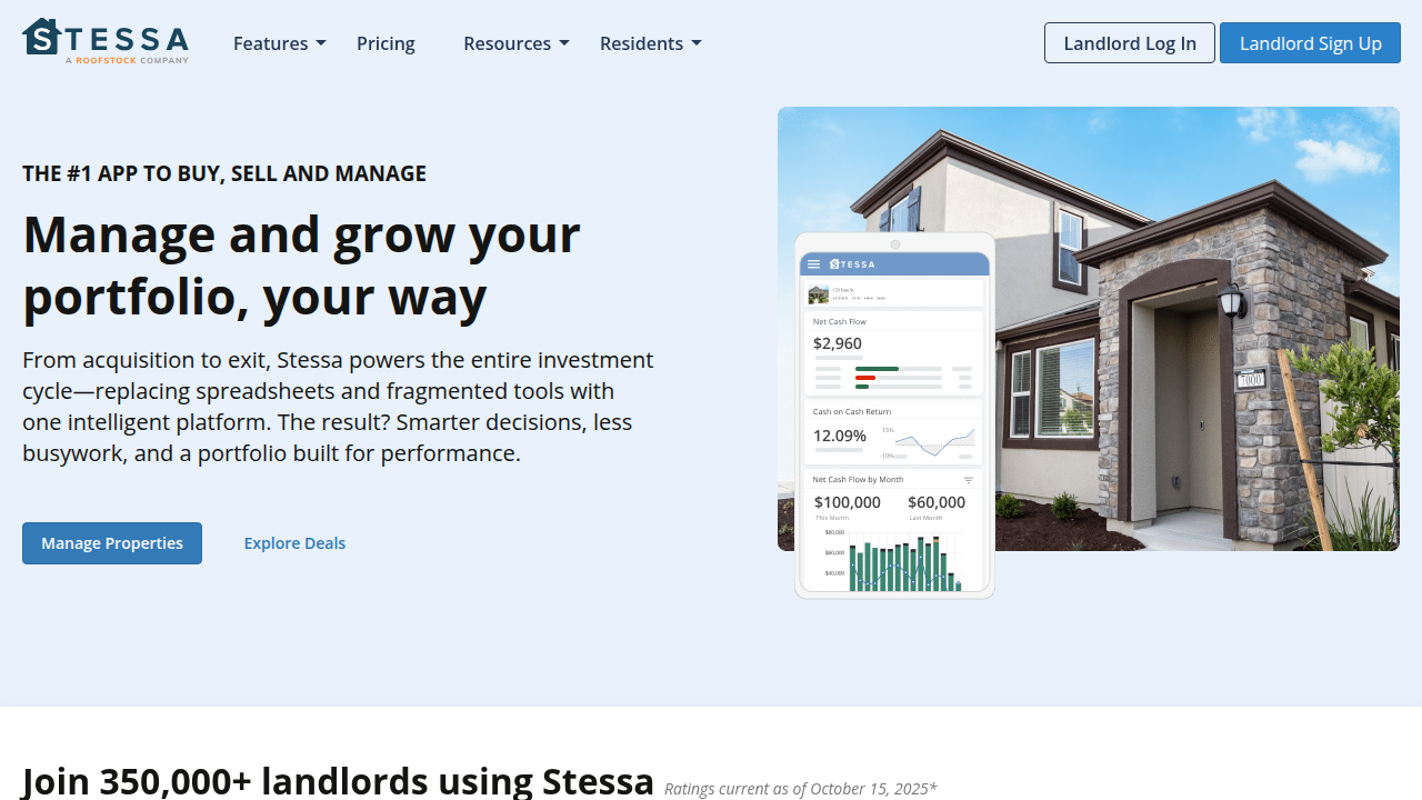 The homepage of Stessa, a property management software that can integrate with bank accounts for automated rent collection and ledger updates.