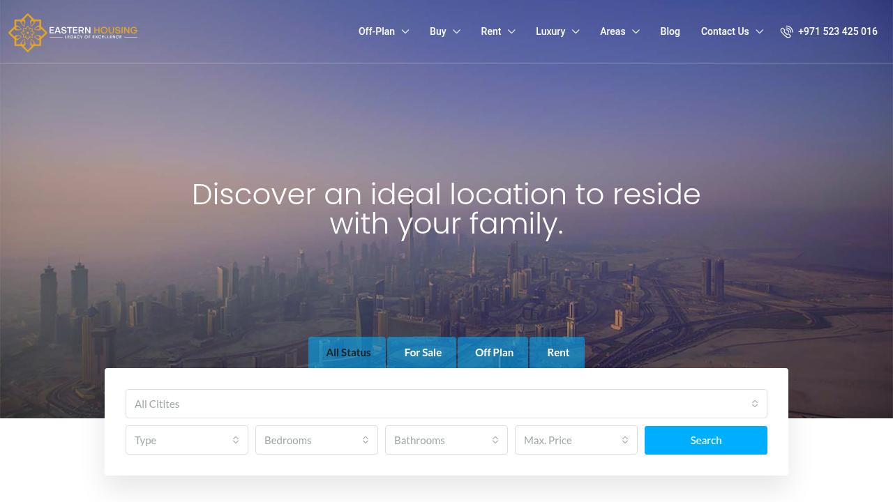 Screenshot of Eastern Housing's official website, offering guides and properties in Dubai.