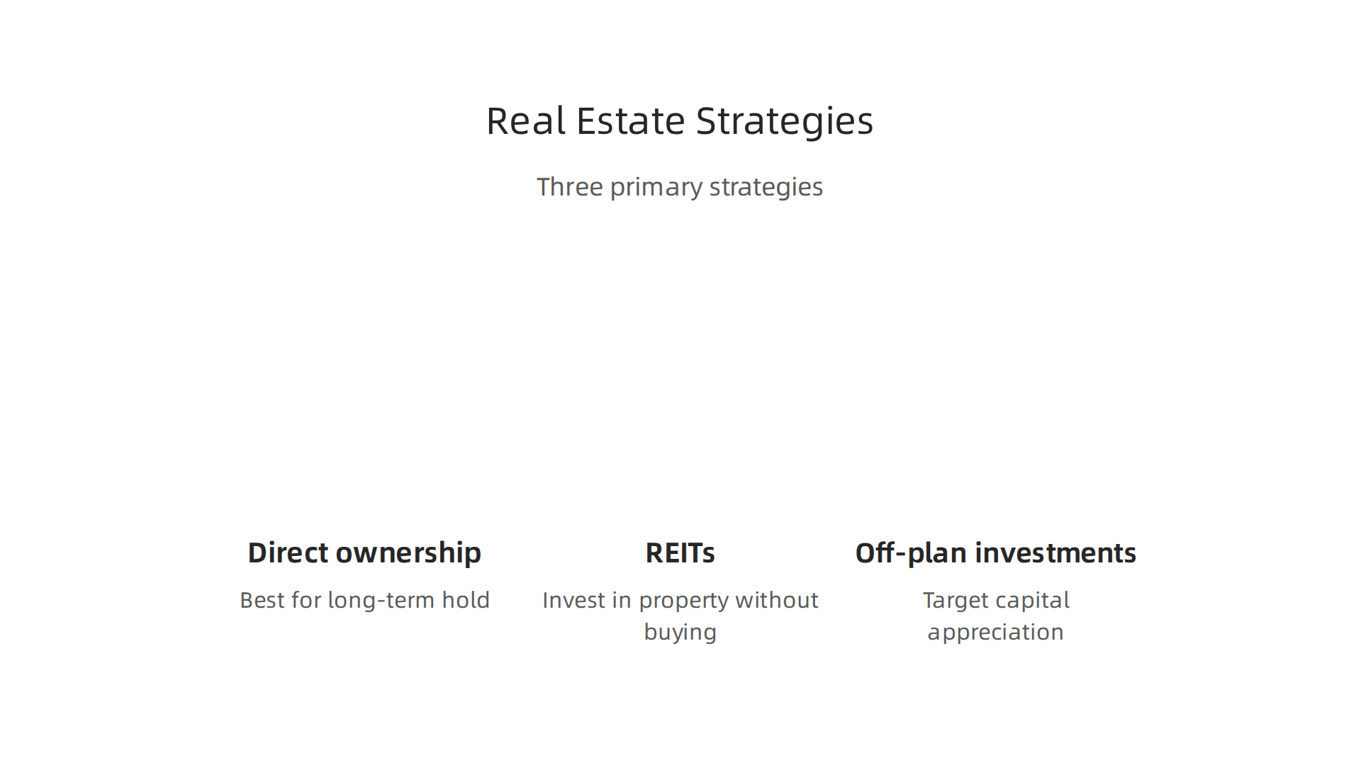 Explore the three primary real estate investment strategies suitable for different financial goals in Dubai.