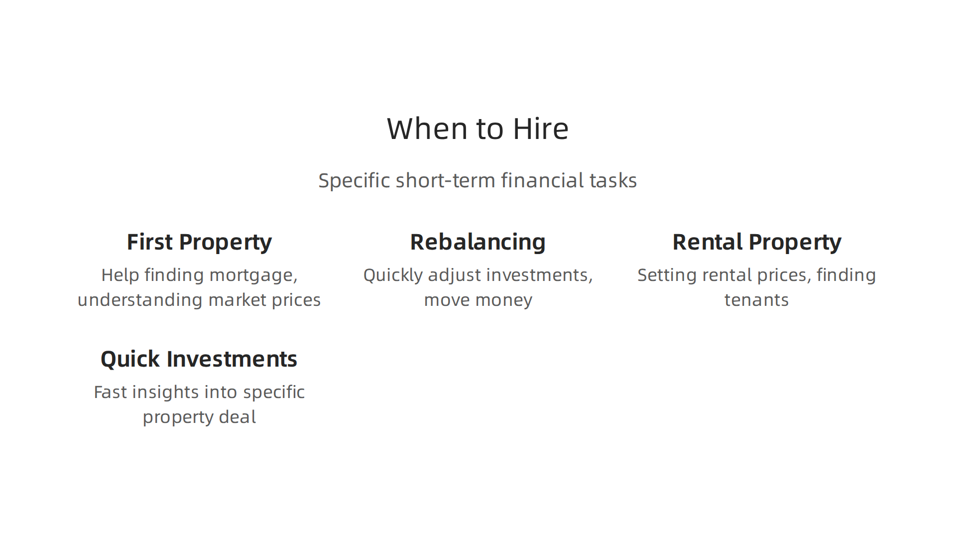 A financial advisor is ideal for specific, short-term financial tasks and quick investment advice.