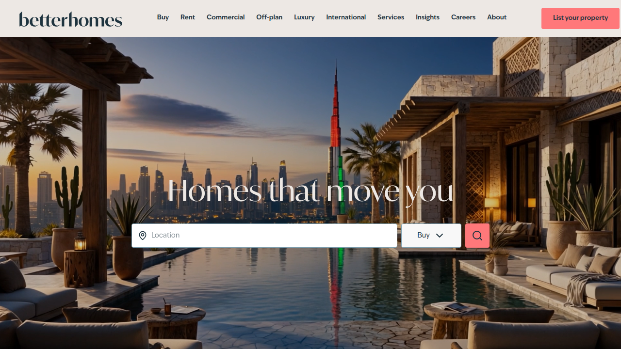 Betterhomes' website, a respected real estate brokerage in Dubai, offering insights on off-plan properties and market guidance.