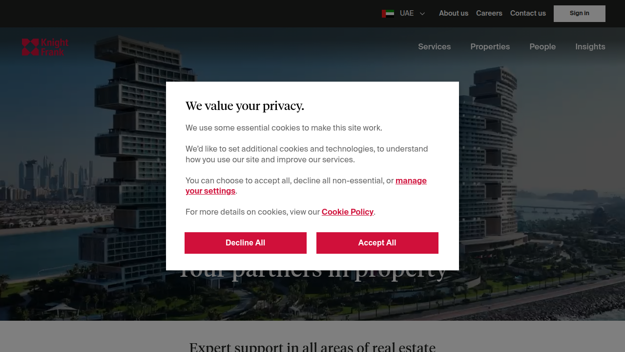 The homepage of Knight Frank UAE, a prominent global property consultancy offering insights into the Dubai real estate market.