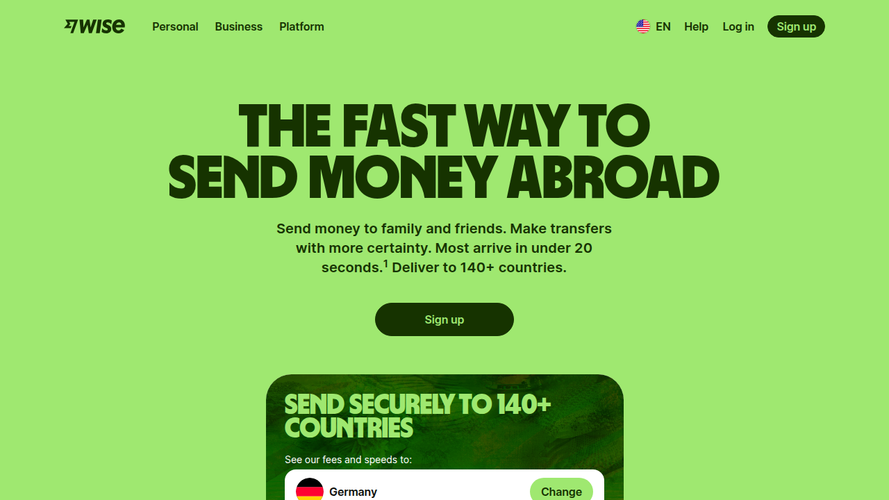 The Wise website, an example of a popular digital platform offering multi-currency accounts and international money transfers.