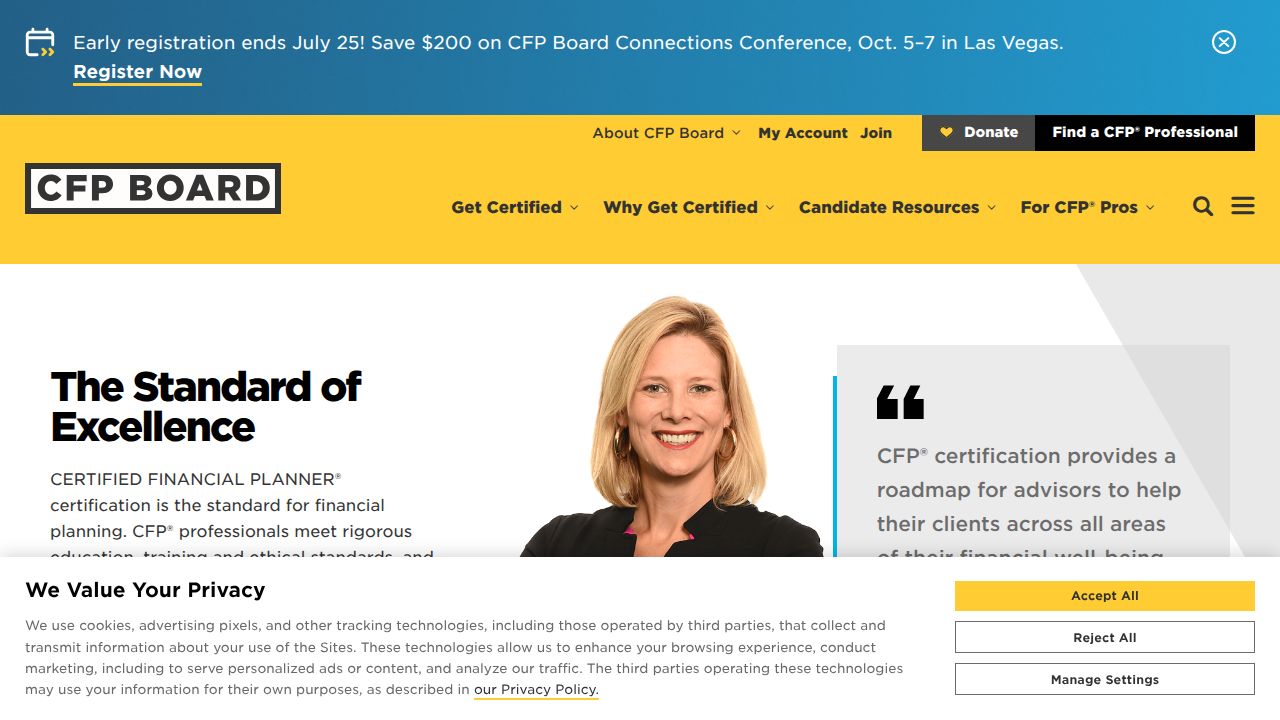 A screenshot of the Certified Financial Planner (CFP) Board's official website, detailing their standards and certifications.